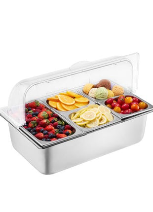 Countertop Food Serving Display Container, 5 Pan Stainless Steel Food Serving Tray, Buffet Condiment Dispenser Display Rack with Clear Lid & 3 Freezer Boxes, for Restaurant Hotel Kitchen Party