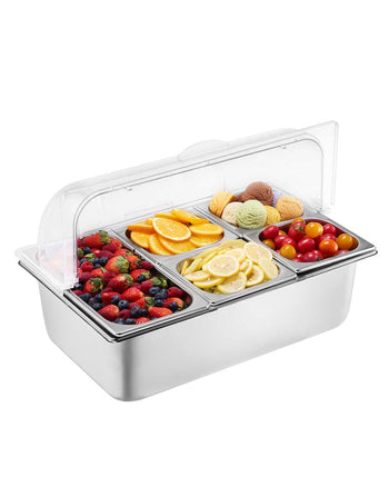Countertop Food Serving Display Container, 5 Pan Stainless Steel Food Serving Tray, Buffet Condiment Dispenser Display Rack with Clear Lid & 3 Freezer Boxes, for Restaurant Hotel Kitchen Party