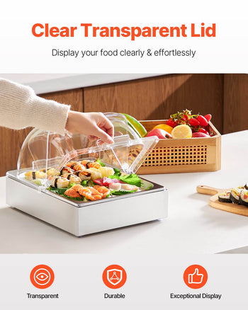 Countertop Food Serving Display Container, 1 x 1/2 Pan Stainless Steel Food Serving Tray, Buffet Condiment Dispenser Display Rack with Clear Lid & Ice Tray, for Restaurant Hotel Kitchen Party