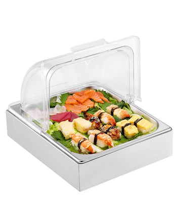 Countertop Food Serving Display Container, 1 x 1/2 Pan Stainless Steel Food Serving Tray, Buffet Condiment Dispenser Display Rack with Clear Lid & Ice Tray, for Restaurant Hotel Kitchen Party