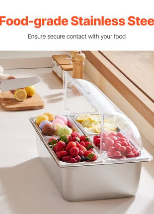 Countertop Food Serving Display Container, 4 Pan Stainless Steel Food Serving Tray, Buffet Condiment Dispenser Display Rack with Clear Lid & 3 Freezer Boxes, for Restaurant Hotel Kitchen Party