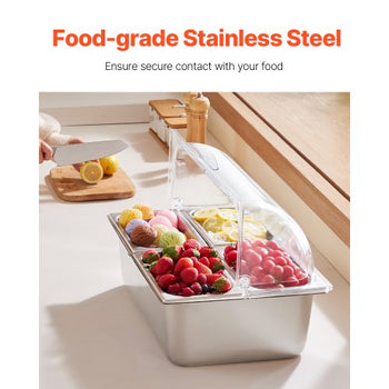 Countertop Food Serving Display Container, 4 Pan Stainless Steel Food Serving Tray, Buffet Condiment Dispenser Display Rack with Clear Lid & 3 Freezer Boxes, for Restaurant Hotel Kitchen Party