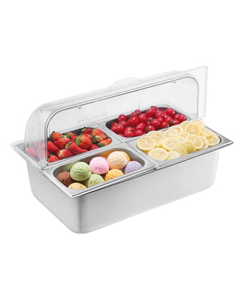 Countertop Food Serving Display Container, 4 Pan Stainless Steel Food Serving Tray, Buffet Condiment Dispenser Display Rack with Clear Lid & 3 Freezer Boxes, for Restaurant Hotel Kitchen Party