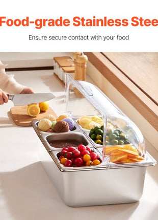 Countertop Food Serving Display Container, 6 Pan Stainless Steel Food Serving Tray, Buffet Condiment Dispenser Display Rack with Clear Lid & 3 Freezer Boxes, for Restaurant Hotel Kitchen Party