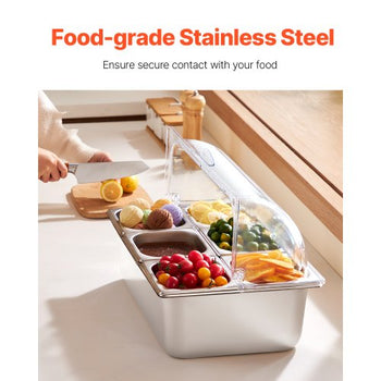 Countertop Food Serving Display Container, 6 Pan Stainless Steel Food Serving Tray, Buffet Condiment Dispenser Display Rack with Clear Lid & 3 Freezer Boxes, for Restaurant Hotel Kitchen Party