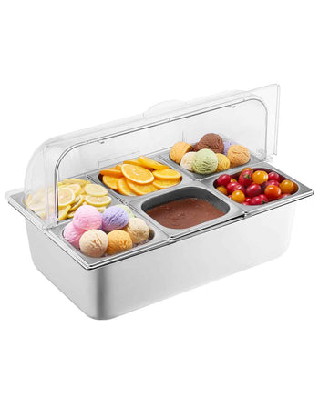 Countertop Food Serving Display Container, 6 Pan Stainless Steel Food Serving Tray, Buffet Condiment Dispenser Display Rack with Clear Lid & 3 Freezer Boxes, for Restaurant Hotel Kitchen Party
