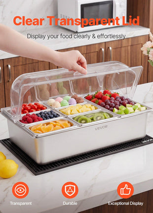 Countertop Food Serving Display Container, Stainless Steel Food Salad Server Tray, Buffet Condiment Dispenser, Ice Cooled Rack with Clear Roll Top Cover, for Restaurant Hotel (1x1/3+6x1/9 Pan)