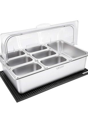 Countertop Food Serving Display Container, Stainless Steel Food Salad Server Tray, Buffet Condiment Dispenser, Ice Cooled Rack with Clear Roll Top Cover, for Restaurant Hotel (1x1/3+6x1/9 Pan)