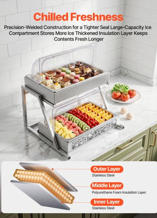 Countertop Food Serving Display Container, 2 Tier Stainless Steel Food Salad Server Tray, Buffet Condiment Dispenser, Ice Cooled Rack with Clear Roll Top Cover, for Restaurant Hotel (1/1 Pan x2)