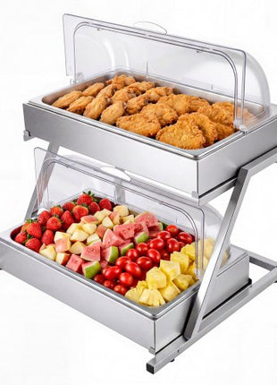 Countertop Food Serving Display Container, 2 Tier Stainless Steel Food Salad Server Tray, Buffet Condiment Dispenser, Ice Cooled Rack with Clear Roll Top Cover, for Restaurant Hotel (1/1 Pan x2)