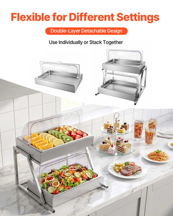 Countertop Food Serving Display Container, 2 Tier Stainless Steel Food Salad Server Tray, Buffet Condiment Dispenser, Ice Cooled Rack with Clear Roll Top Cover, for Restaurant Hotel (1/1 Pan x2)
