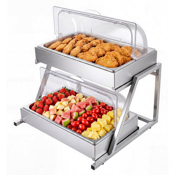 Countertop Food Serving Display Container, 2 Tier Stainless Steel Food Salad Server Tray, Buffet Condiment Dispenser, Ice Cooled Rack with Clear Roll Top Cover, for Restaurant Hotel (1/1 Pan x2)