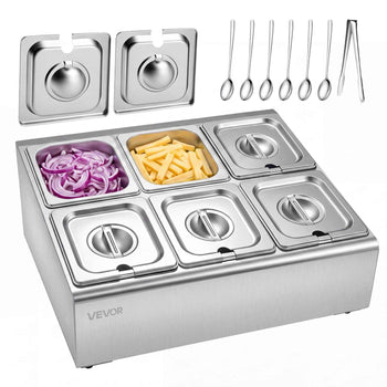 Countertop Food Serving Display Container, Stainless Steel Food Salad Server Tray, Buffet Condiment Dispenser, Ice Cooled Rack with Separate Lid, for Restaurant Hotel Kitchen Party (6x1/6 Pan)