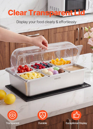 Countertop Food Serving Display Container, Stainless Steel Food Salad Server Tray, Buffet Condiment Dispenser, Ice Cooled Rack with Clear Roll Top Cover, for Restaurant Hotel (6x1/6 Pan x2)