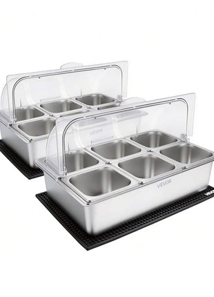 Countertop Food Serving Display Container, Stainless Steel Food Salad Server Tray, Buffet Condiment Dispenser, Ice Cooled Rack with Clear Roll Top Cover, for Restaurant Hotel (6x1/6 Pan x2)