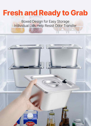 Countertop Food Serving Display Container, Stainless Steel Food Salad Server Tray, Buffet Condiment Dispenser, Ice Cooled Rack with Separate Lid, for Restaurant, Hotel, Party (6x1/6 Pan)