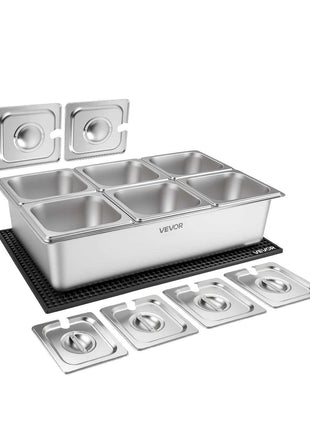 Countertop Food Serving Display Container, Stainless Steel Food Salad Server Tray, Buffet Condiment Dispenser, Ice Cooled Rack with Separate Lid, for Restaurant, Hotel, Party (6x1/6 Pan)
