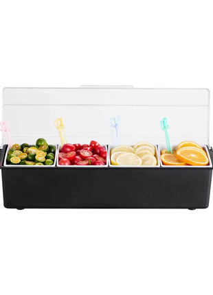 Chilled Condiment Server, 4 Compartment Ice Cooled Condiment Serving Container, Chilled Garnish Tray Bar Caddy with Lid, for Bartending & Serving Taco, Salad, Fruit, Home & Restaurant Supplies