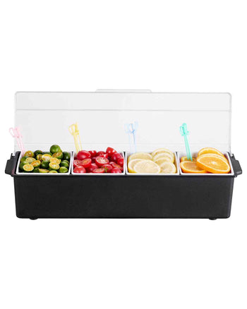 Chilled Condiment Server, 4 Compartment Ice Cooled Condiment Serving Container, Chilled Garnish Tray Bar Caddy with Lid, for Bartending & Serving Taco, Salad, Fruit, Home & Restaurant Supplies