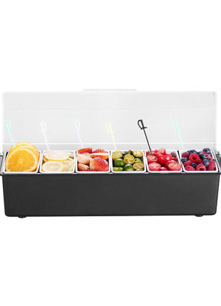 Chilled Condiment Server, 6 Compartment Ice Cooled Condiment Serving Container, Chilled Garnish Tray Bar Caddy with Lid, for Bartending & Serving Taco, Salad, Fruit, Home & Restaurant Supplies