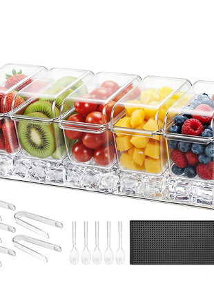 Chilled Condiment Server Caddy, 5 Compartment Ice Cooled Serving Container, Plastic Fruit Garnish Tray Platter with Separate Lid, for Taco Salad Bar Accessories, Party Home Restaurant Supplies