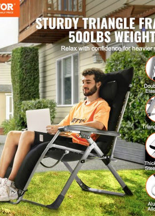 Zero Gravity Chair, 33 inch Zero Gravity Recliner Lounge Chair for Indoor and Outdoor, Adjustable Anti Gravity Chair with Cushion, Headrest, Footrest, and Cupholder, 500 lbs, Black