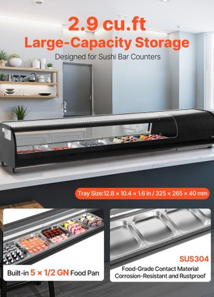 Sushi Display Case Refrigerator, 2.9 Cu.ft Commercial Sushi Case, 5-Pan Countertop  Showcase with Curved Glass, LED Lighting, and Digital Temperature Control, for Sushi-Bar, Restaurant, Store