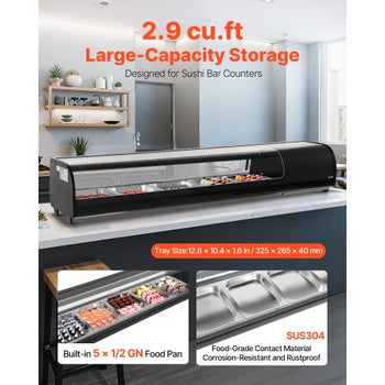Sushi Display Case Refrigerator, 2.9 Cu.ft Commercial Sushi Case, 5-Pan Countertop  Showcase with Curved Glass, LED Lighting, and Digital Temperature Control, for Sushi-Bar, Restaurant, Store