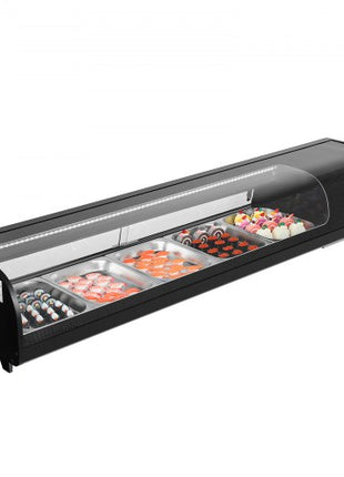 Sushi Display Case Refrigerator, 2.9 Cu.ft Commercial Sushi Case, 5-Pan Countertop  Showcase with Curved Glass, LED Lighting, and Digital Temperature Control, for Sushi-Bar, Restaurant, Store
