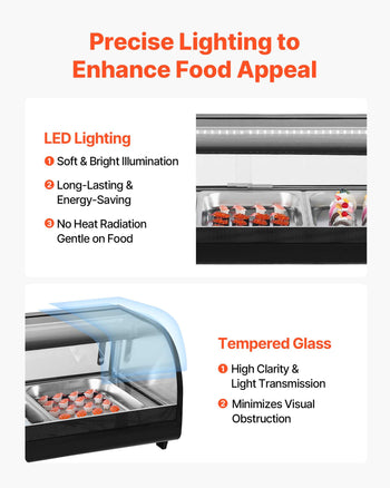 Sushi Display Case Refrigerator, 2.9 Cu.ft Commercial Sushi Case, 5-Pan Countertop  Showcase with Curved Glass, LED Lighting, and Digital Temperature Control, for Sushi-Bar, Restaurant, Store