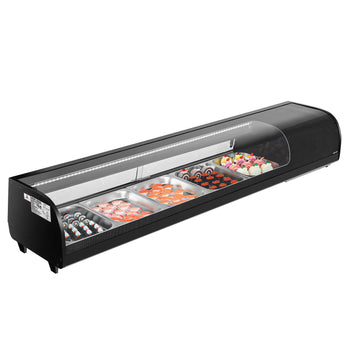 Sushi Display Case Refrigerator, 2.9 Cu.ft Commercial Sushi Case, 5-Pan Countertop  Showcase with Curved Glass, LED Lighting, and Digital Temperature Control, for Sushi-Bar, Restaurant, Store