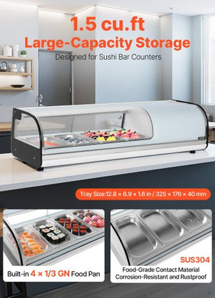 Sushi Display Case Refrigerator, 1.5 Cu.ft Commercial Sushi Case, 4-Pan Countertop  Showcase with Curved Glass, LED Lighting, and Digital Temperature Control, for Sushi-Bar, Restaurant, Store