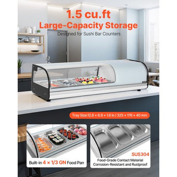 Sushi Display Case Refrigerator, 1.5 Cu.ft Commercial Sushi Case, 4-Pan Countertop  Showcase with Curved Glass, LED Lighting, and Digital Temperature Control, for Sushi-Bar, Restaurant, Store