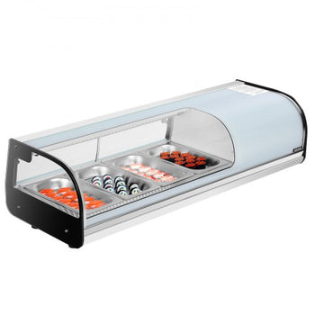 Sushi Display Case Refrigerator, 1.5 Cu.ft Commercial Sushi Case, 4-Pan Countertop  Showcase with Curved Glass, LED Lighting, and Digital Temperature Control, for Sushi-Bar, Restaurant, Store