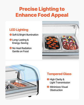 Sushi Display Case Refrigerator, 1.5 Cu.ft Commercial Sushi Case, 4-Pan Countertop  Showcase with Curved Glass, LED Lighting, and Digital Temperature Control, for Sushi-Bar, Restaurant, Store
