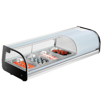 Sushi Display Case Refrigerator, 1.5 Cu.ft Commercial Sushi Case, 4-Pan Countertop  Showcase with Curved Glass, LED Lighting, and Digital Temperature Control, for Sushi-Bar, Restaurant, Store