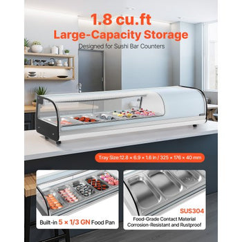Sushi Display Case Refrigerator, 1.8 Cu.ft Commercial Sushi Case, 5-Pan Countertop  Showcase with Curved Glass, LED Lighting, and Digital Temperature Control, for Sushi-Bar, Restaurant, Store