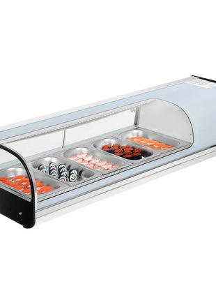 Sushi Display Case Refrigerator, 1.8 Cu.ft Commercial Sushi Case, 5-Pan Countertop  Showcase with Curved Glass, LED Lighting, and Digital Temperature Control, for Sushi-Bar, Restaurant, Store