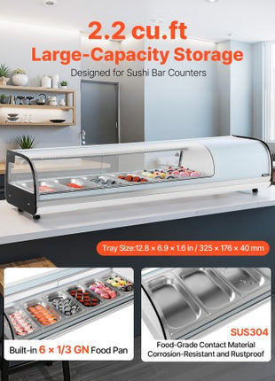Sushi Display Case Refrigerator, 2.2 Cu.ft Commercial Sushi Case, 6-Pan Countertop  Showcase with Curved Glass, LED Lighting, and Digital Temperature Control, for Sushi-Bar, Restaurant, Store