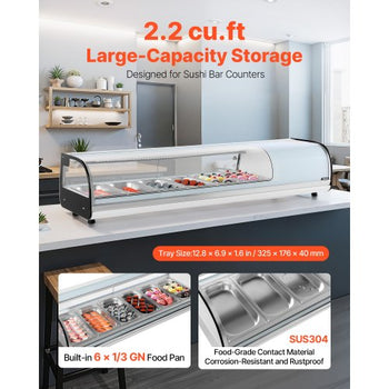 Sushi Display Case Refrigerator, 2.2 Cu.ft Commercial Sushi Case, 6-Pan Countertop  Showcase with Curved Glass, LED Lighting, and Digital Temperature Control, for Sushi-Bar, Restaurant, Store