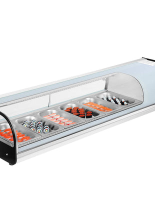 Sushi Display Case Refrigerator, 2.2 Cu.ft Commercial Sushi Case, 6-Pan Countertop  Showcase with Curved Glass, LED Lighting, and Digital Temperature Control, for Sushi-Bar, Restaurant, Store
