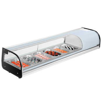 Sushi Display Case Refrigerator, 2.2 Cu.ft Commercial Sushi Case, 6-Pan Countertop  Showcase with Curved Glass, LED Lighting, and Digital Temperature Control, for Sushi-Bar, Restaurant, Store
