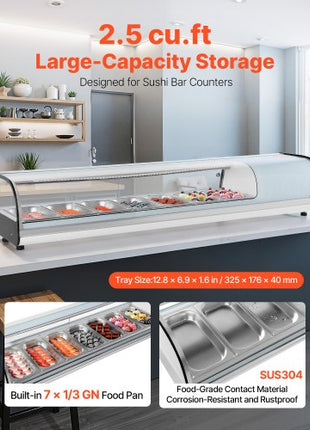 Sushi Display Case Refrigerator, 2.5 Cu.ft Commercial Sushi Case, 7-Pan Countertop  Showcase with Curved Glass, LED Lighting, and Digital Temperature Control, for Sushi-Bar, Restaurant, Store