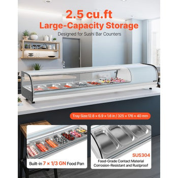 Sushi Display Case Refrigerator, 2.5 Cu.ft Commercial Sushi Case, 7-Pan Countertop  Showcase with Curved Glass, LED Lighting, and Digital Temperature Control, for Sushi-Bar, Restaurant, Store