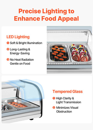 Sushi Display Case Refrigerator, 2.5 Cu.ft Commercial Sushi Case, 7-Pan Countertop  Showcase with Curved Glass, LED Lighting, and Digital Temperature Control, for Sushi-Bar, Restaurant, Store