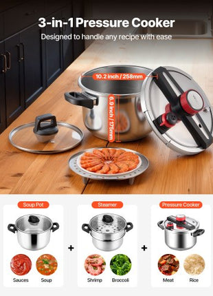 Pressure Cooker, 10Qt Pressure Cooker Stainless Steel, Pressures Canner with Steaming Rack, Tempered Glass Lid, Three Pressures Settings for Meat, Beans, Rice, Soup, Sauces, Cook up to 100 kPa