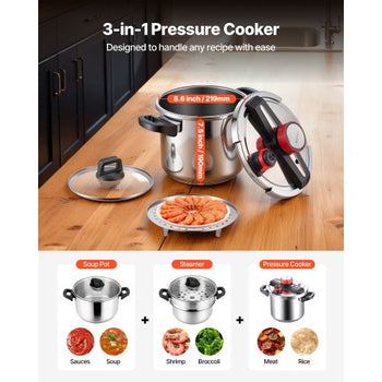 Pressure Cooker, 8Qt Pressure Cooker Stainless Steel, Pressures Canner with Steaming Rack, Tempered Glass Lid, Three Pressures Settings for Meat, Beans, Rice, Soup, Sauces, Cook up to 100 kPa