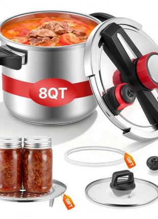 Pressure Cooker, 8Qt Pressure Cooker Stainless Steel, Pressures Canner with Steaming Rack, Tempered Glass Lid, Three Pressures Settings for Meat, Beans, Rice, Soup, Sauces, Cook up to 100 kPa