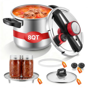 Pressure Cooker, 8Qt Pressure Cooker Stainless Steel, Pressures Canner with Steaming Rack, Tempered Glass Lid, Three Pressures Settings for Meat, Beans, Rice, Soup, Sauces, Cook up to 100 kPa