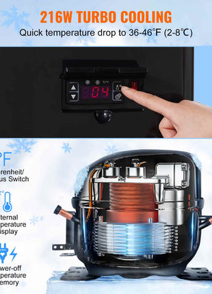 216W Turbo Cooling compressor with digital display, cooling temperatures from 36-46°F, black and silver design.